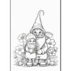 A gnome and a young girl stand together among flowers, both smiling and holding hands, in a black-and-white coloring page.