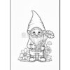 A cheerful gnome with a long pointed hat holds flowers, surrounded by blooming daisies.