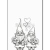 Two cartoon gnomes holding flowers, one male with a long beard and one female with a dress, surrounded by heart-shaped balloons.