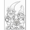 A gnome with a long beard and a colorful hat stands beside a young girl with braided hair and a smaller gnome holding flowers.