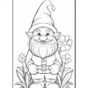 A cartoon gnome with a long beard, wearing a red hat and blue clothes, stands among flowers in a coloring page.