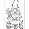 A friendly gnome with a long beard holding a flower, surrounded by blooming flowers and greenery.
