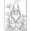 A cheerful gnome stands amidst various flowers, wearing a pointed hat and holding two small bags.