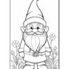 A cartoon gnome with a long beard and a pointed hat stands among flowers, ready for coloring.