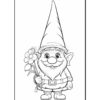 A cartoon gnome with a tall pointed hat, holding a flower, wearing a belt and cheerful expression.