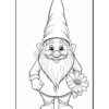 A cartoon gnome with a large beard and a tall hat, holding a flower in one hand, designed for coloring.