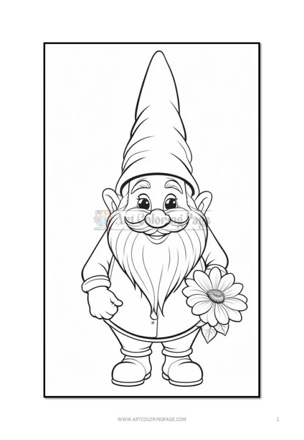 A cartoon gnome with a large beard and a tall hat, holding a flower in one hand, designed for coloring.