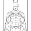 Batman stands in a powerful pose, wearing his iconic suit and cape, with a serious expression on his face.