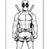 Deadpool stands confidently, wearing his iconic red and black suit with weapons strapped across his back and hips.