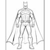 Batman stands confidently with his fists clenched, wearing his iconic cape and suit, ready for action.