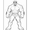 A muscular cartoon character with a fierce expression, resembling the Hulk, depicted in a coloring page style, outlined for coloring.