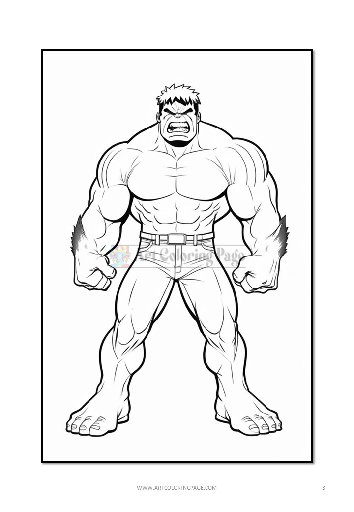 A muscular cartoon character with a fierce expression, resembling the Hulk, depicted in a coloring page style, outlined for coloring.