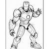 A line art illustration of Iron Man in his armored suit, posed with one hand raised and the other at his side.