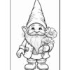 A cartoon gnome with a long beard, wearing a pointy hat and holding flowers, stands cheerfully.