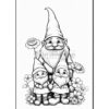 Three gnomes stand together in a garden, surrounded by flowers, with the tallest gnome holding a rose.
