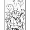 A cheerful gnome character stands among large flowers, with a smiling expression and a colorful outfit.