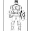 A coloring page featuring Captain America in a heroic pose, wearing his iconic costume and holding his shield.