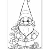 A cheerful gnome with a pointed hat and bushy beard stands among flowers, smiling and posing with hands on hips.