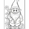 A cheerful gnome with a long beard stands among flowers, wearing a pointed hat and a blue outfit.