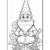 A cheerful gnome with a long beard and a pointy hat, surrounded by flowers and plants in a coloring page design.