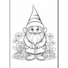 A cartoon gnome with a pointed hat, standing among various flowers in a garden setting.