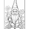 A cartoon gnome stands among colorful flowers, holding a walking stick, with a cheerful expression and a pointed hat.