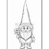 A cheerful gnome with a tall pointed hat, holding a flower and a coloring pencil.