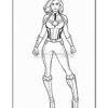 A superheroine in a sleek costume stands confidently with a determined expression, ready for action.