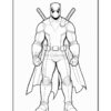 A coloring page featuring Deadpool, depicted in a dynamic pose with swords on his back and a mask covering his face.