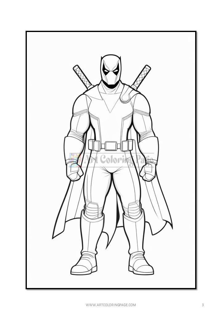 A coloring page featuring Deadpool, depicted in a dynamic pose with swords on his back and a mask covering his face.