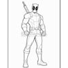 Deadpool stands confidently with a sword on his back, depicted in a black and white coloring page style.