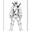 Deadpool standing in a ready pose, wearing his signature costume with black and red colors, holding swords on his back.
