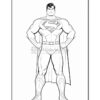 Superman poses confidently, wearing his iconic suit with the 'S' emblem, cape flowing behind him.