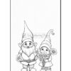 A cheerful gnome couple, one male with a bushy beard and one female, both holding flowers.