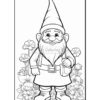 A cheerful gnome with a pointy hat stands among flowers, holding a small bag, ready for coloring.