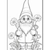 A cheerful gnome with a big beard, wearing a blue coat and holding flowers, surrounded by colorful plants.