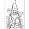 A whimsical gnome with a large beard, wearing a pointed hat, stands among flowers and holds a flower in one hand.