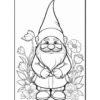 A cheerful gnome with a long beard and a pointed hat stands among flowers, ready for coloring.