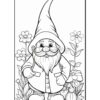 A cheerful gnome with a long white beard and a pointed hat stands among flowers and pumpkins in this coloring page.