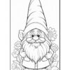 A cheerful gnome with a tall pointed hat and a bushy beard stands among flowers in this coloring page.