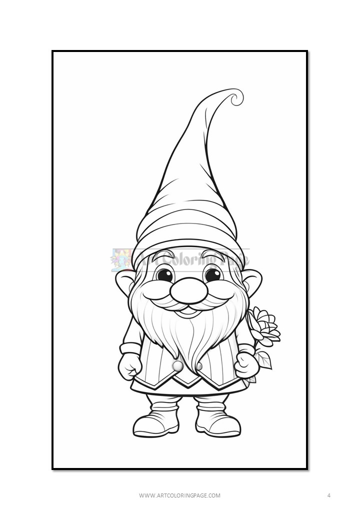 A cheerful gnome character with a long beard, wearing a tall pointed hat and holding a rose in his hand.