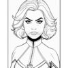 A black and white coloring page featuring a female superhero with short, wavy hair and a confident expression, wearing a star emblem on her suit.