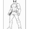 Deadpool in a dynamic pose, showcasing his muscular build and holster, ready for action in a black and white coloring page.