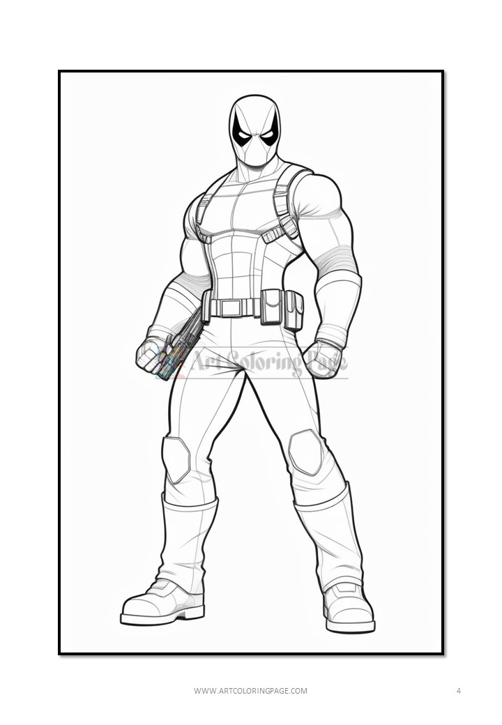 Deadpool in a dynamic pose, showcasing his muscular build and holster, ready for action in a black and white coloring page.