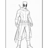 Line art illustration of Deadpool in a superhero pose, wearing a mask, costume, and holding a sword.