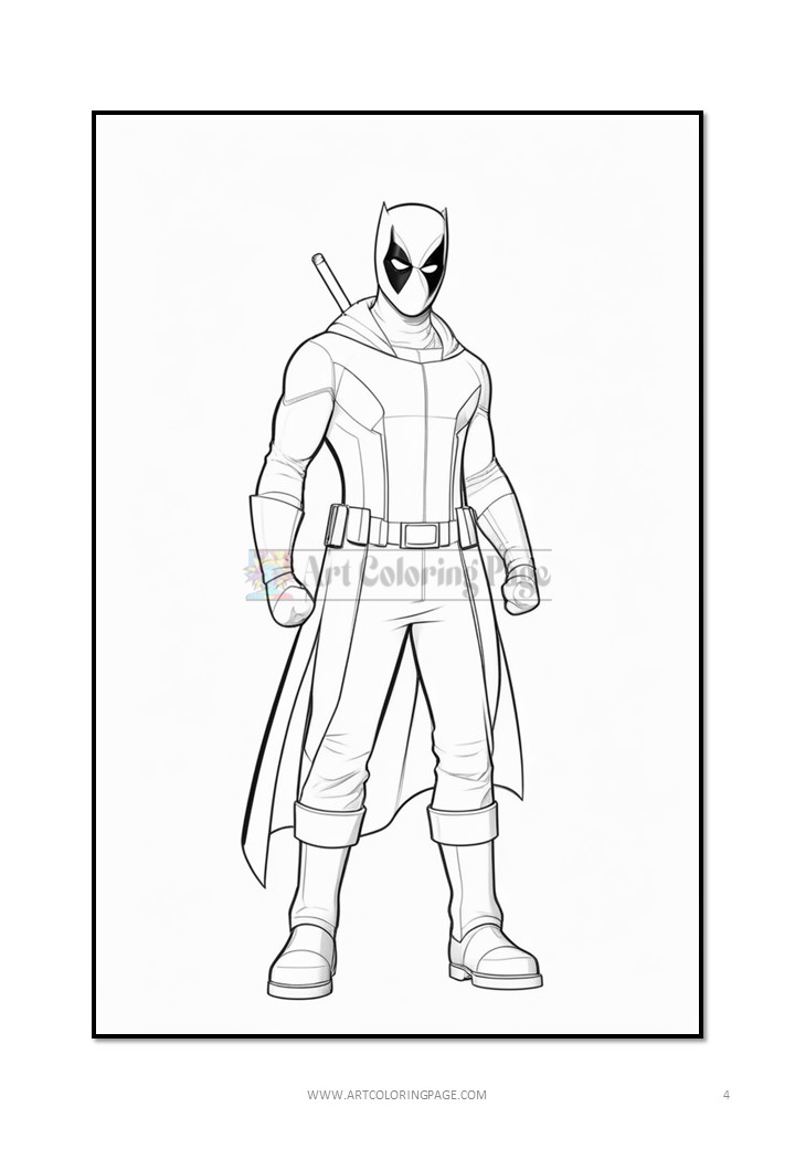 Line art illustration of Deadpool in a superhero pose, wearing a mask, costume, and holding a sword.