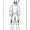 A black and white coloring page featuring the character Deadpool in a superhero pose, holding a sword at his back.