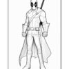 Deadpool, a superhero in a red and black costume, stands confidently with a sword on his back and a mischievous expression.