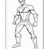 A line drawing of The Flash, depicted in a dynamic pose with a muscular build and iconic lightning bolt symbols on his costume.