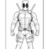 Line art illustration of Deadpool, featuring his signature mask, muscular build, and equipped with katana swords and various gadgets.